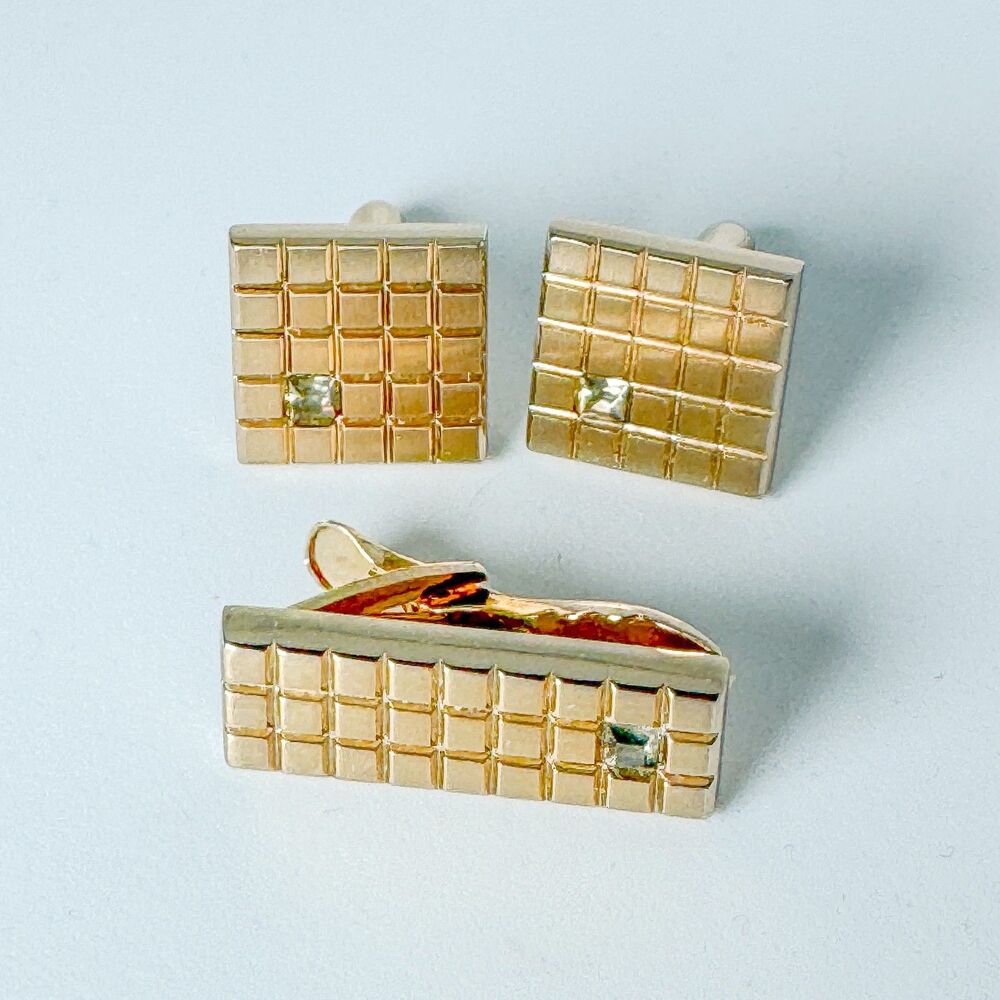 Vintage Gold Tone Cufflinks Tie Clip Set 1970s Glass Stone Wedding Formal Suit